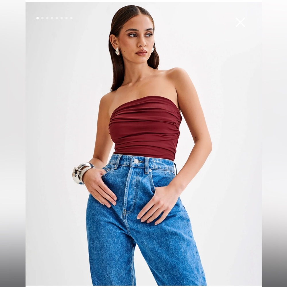 Meshki Recycled Nylon Ruched Bodysuit in Wine